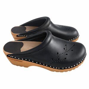 Troentorp Women’s Swedish Clogs Black Leather Wooden Sole, 37